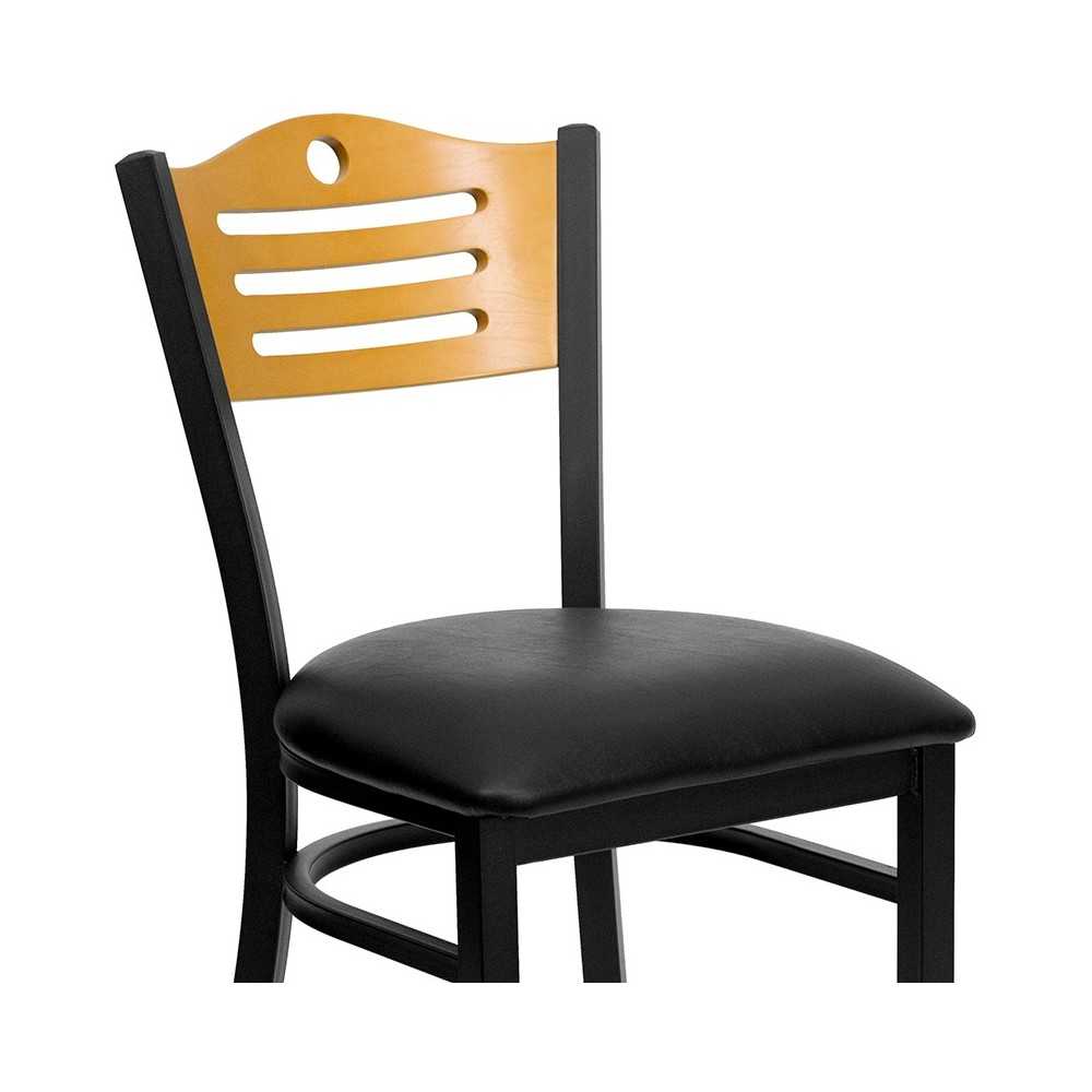 Black Slat Back Metal Restaurant Chair - Natural Wood Back, Black Vinyl Seat