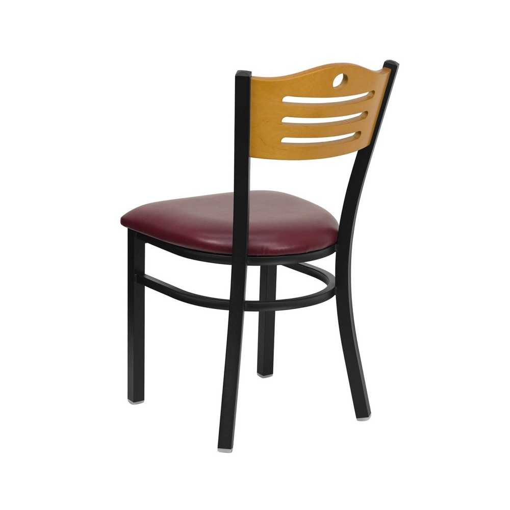 Black Slat Back Metal Restaurant Chair - Natural Wood Back, Burgundy Vinyl Seat