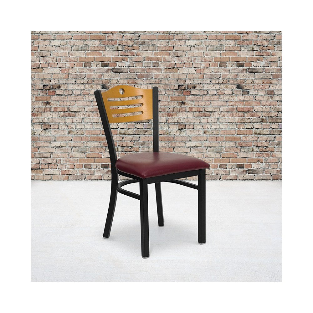Black Slat Back Metal Restaurant Chair - Natural Wood Back, Burgundy Vinyl Seat