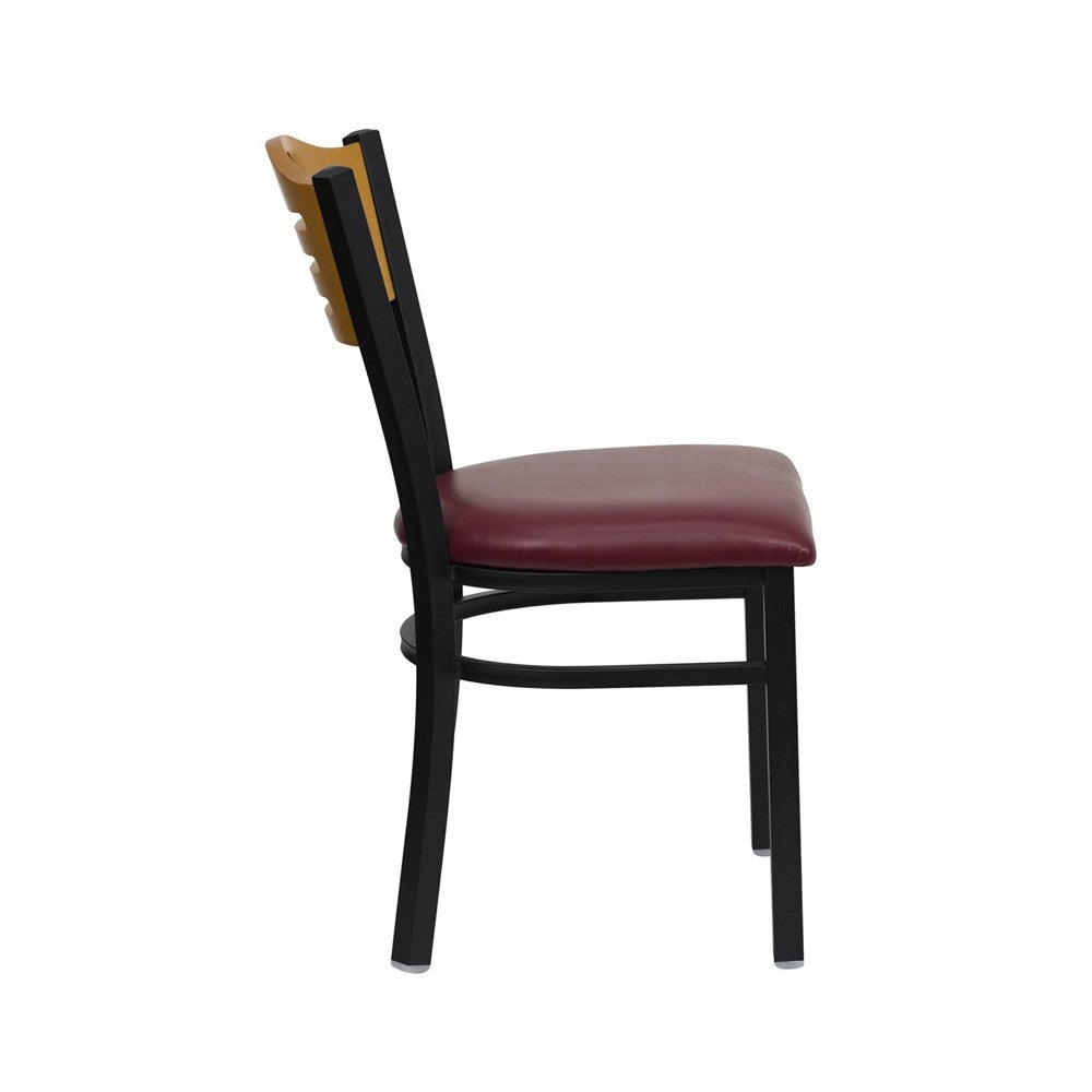 Black Slat Back Metal Restaurant Chair - Natural Wood Back, Burgundy Vinyl Seat