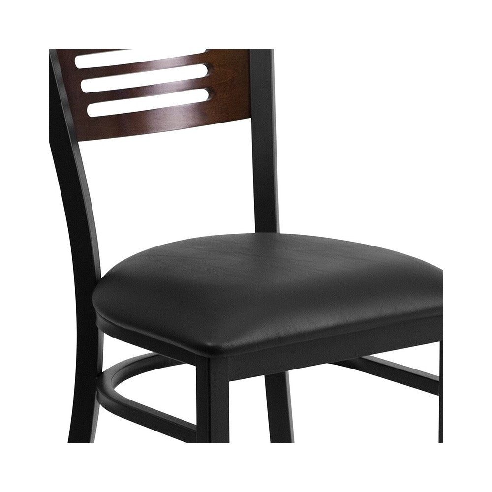 Black Slat Back Metal Restaurant Chair - Walnut Wood Back, Black Vinyl Seat