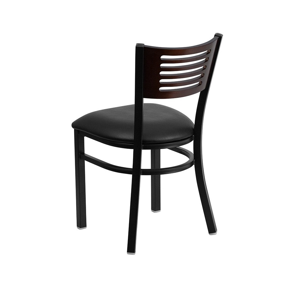 Black Slat Back Metal Restaurant Chair - Walnut Wood Back, Black Vinyl Seat