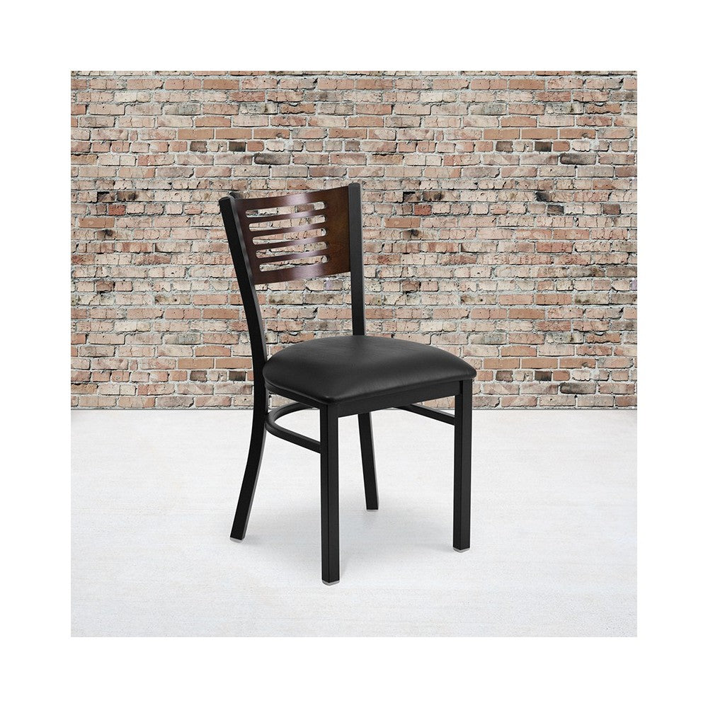 Black Slat Back Metal Restaurant Chair - Walnut Wood Back, Black Vinyl Seat