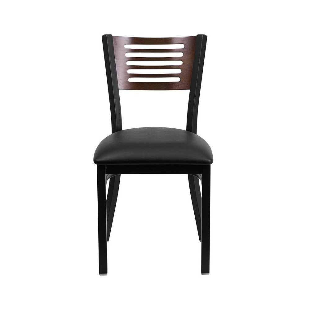 Black Slat Back Metal Restaurant Chair - Walnut Wood Back, Black Vinyl Seat