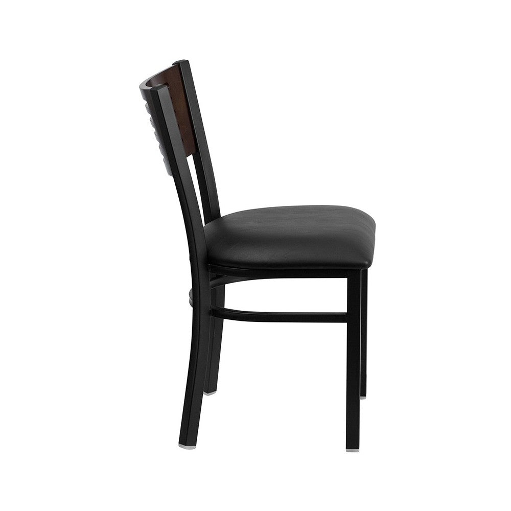Black Slat Back Metal Restaurant Chair - Walnut Wood Back, Black Vinyl Seat