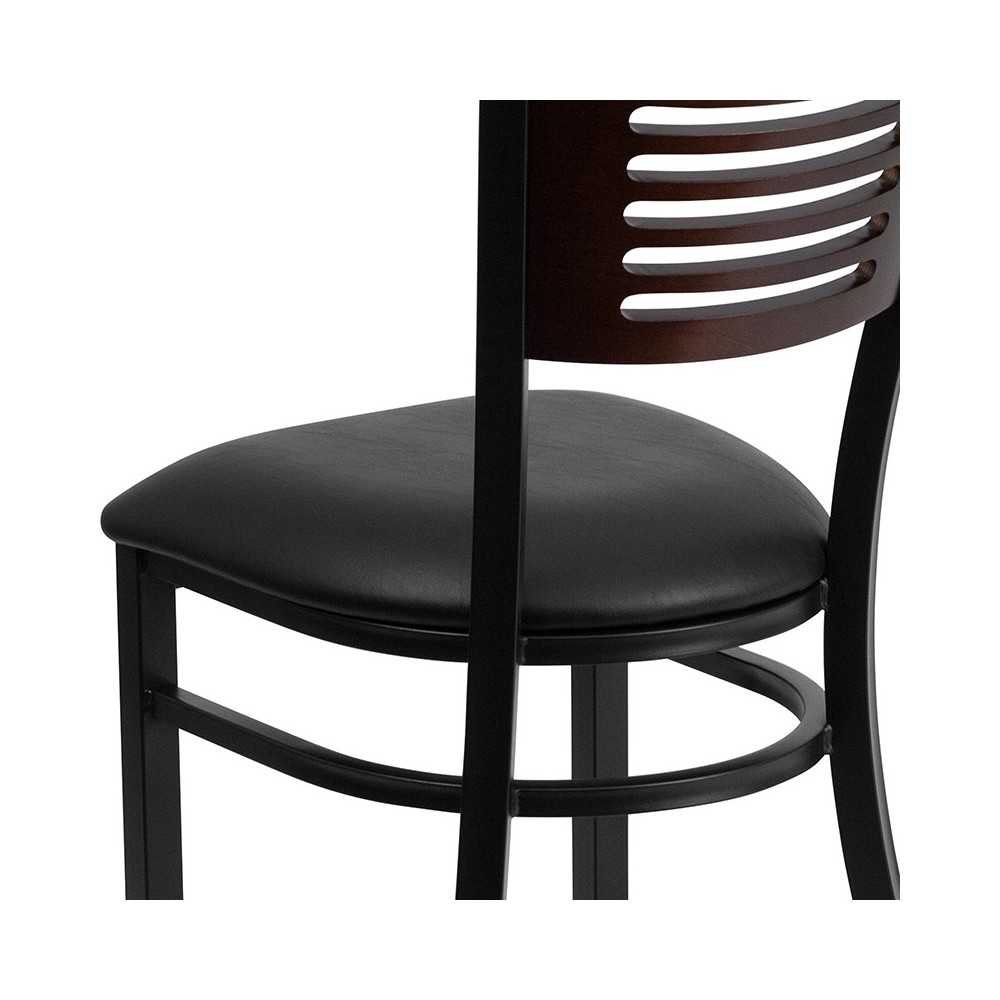 Black Slat Back Metal Restaurant Chair - Walnut Wood Back, Black Vinyl Seat