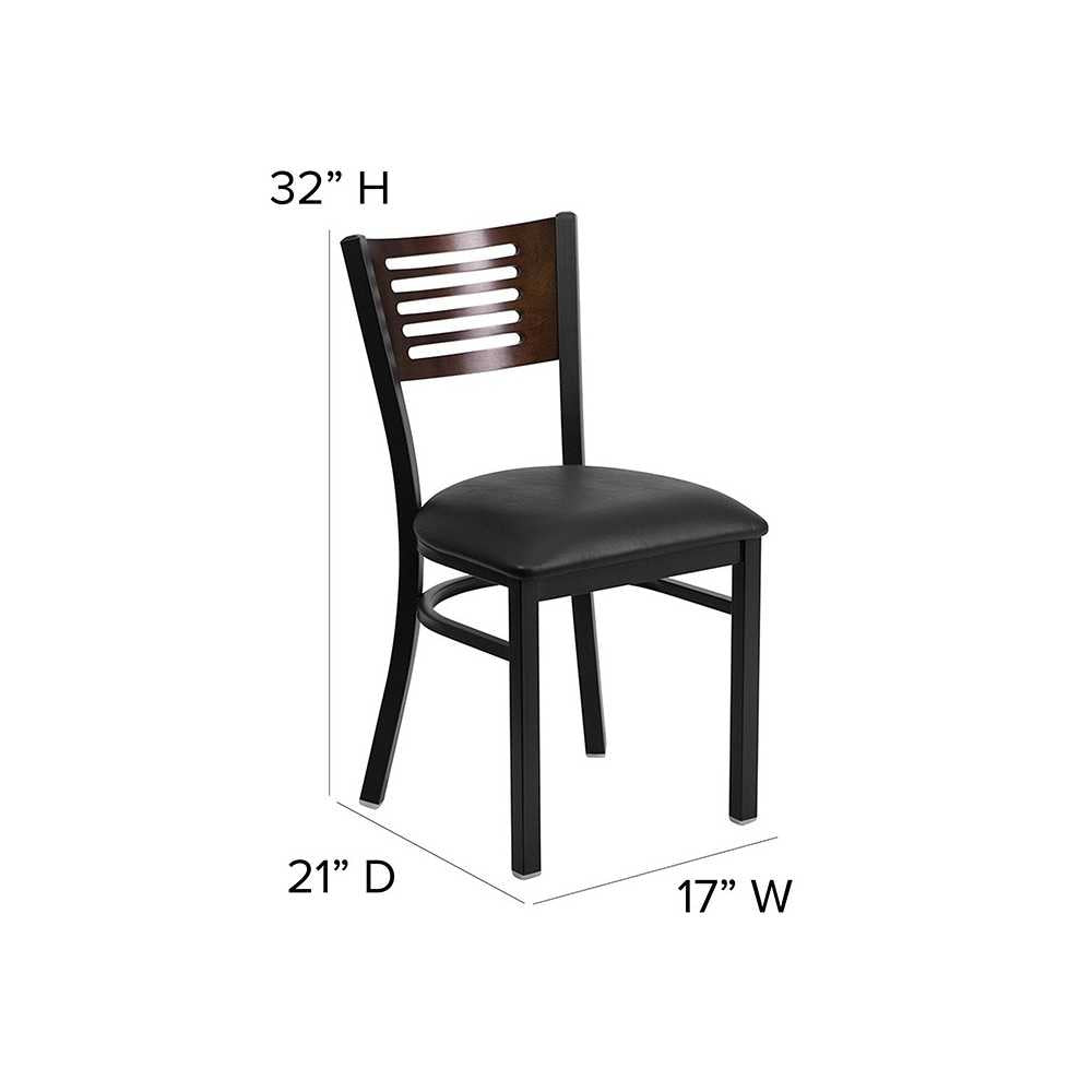 Black Slat Back Metal Restaurant Chair - Walnut Wood Back, Black Vinyl Seat