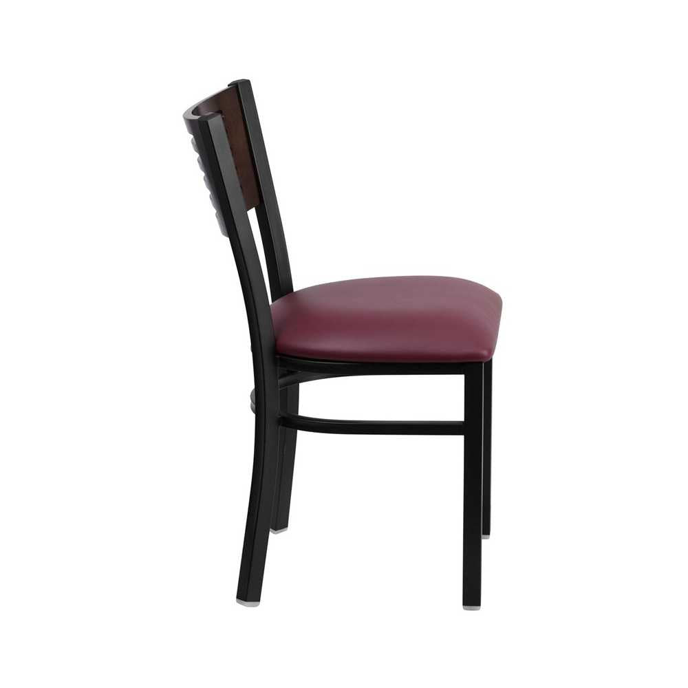 Black Slat Back Metal Restaurant Chair - Walnut Wood Back, Burgundy Vinyl Seat