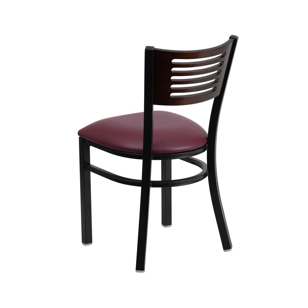 Black Slat Back Metal Restaurant Chair - Walnut Wood Back, Burgundy Vinyl Seat