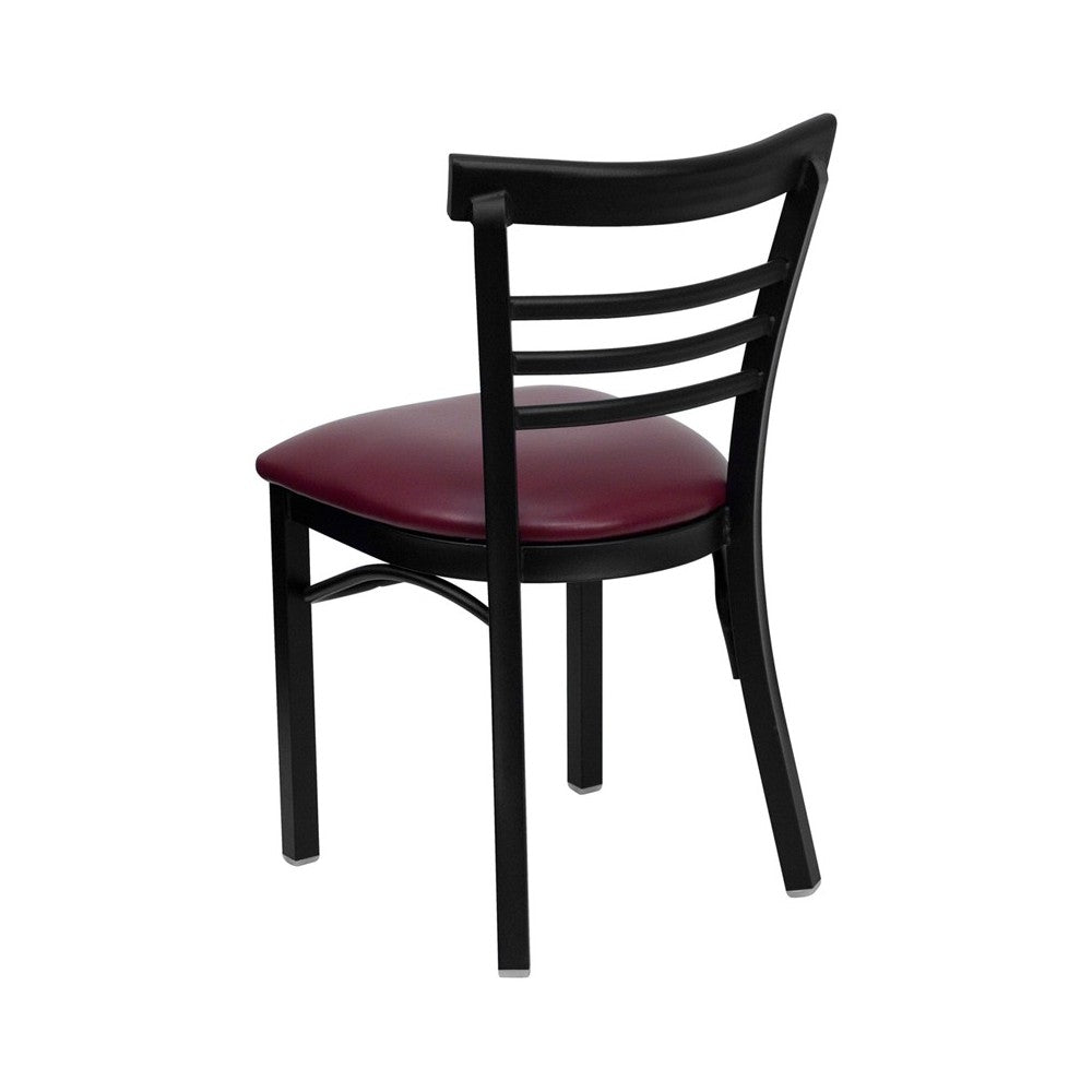 Black Three-Slat Ladder Back Metal Restaurant Chair - Burgundy Vinyl Seat