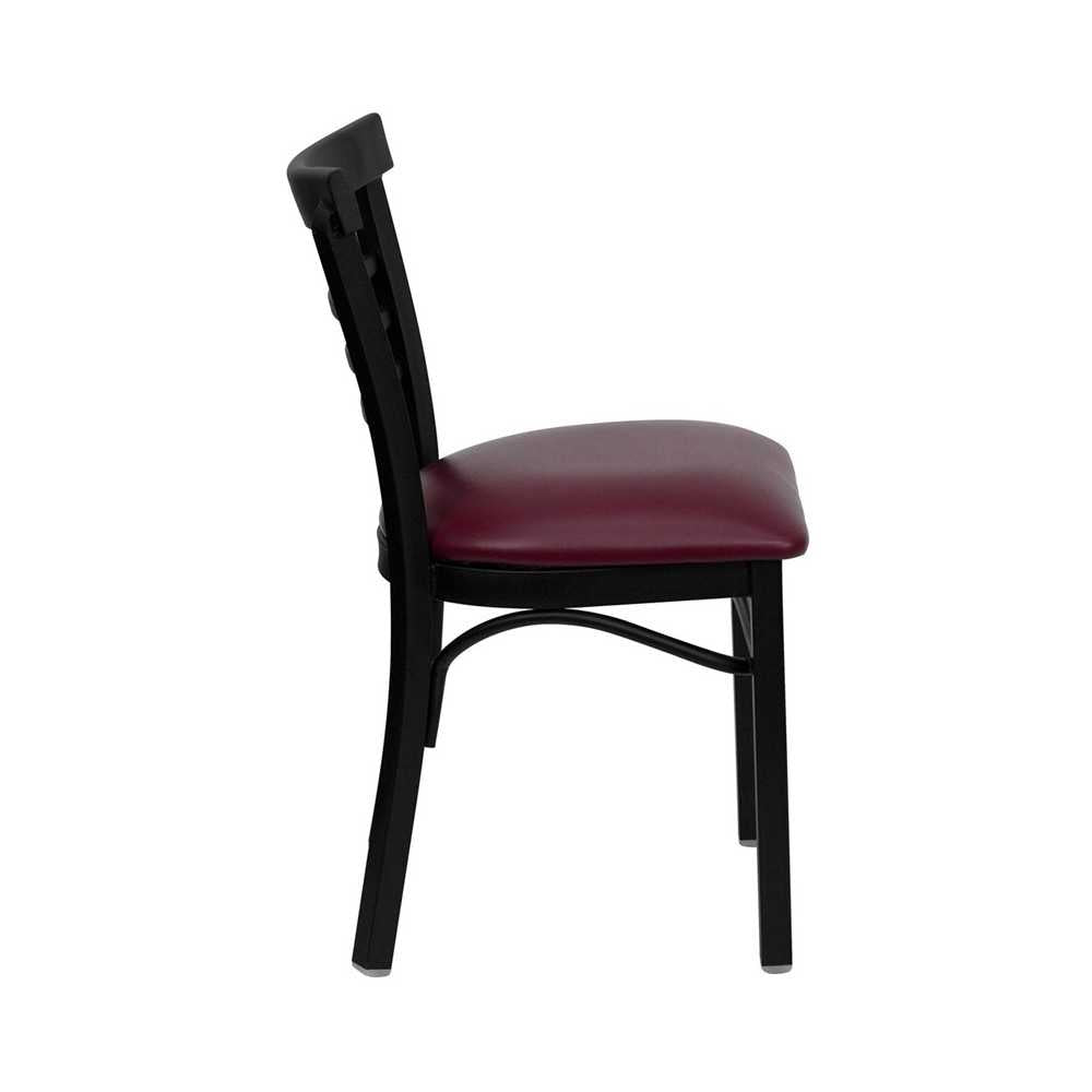 Black Three-Slat Ladder Back Metal Restaurant Chair - Burgundy Vinyl Seat