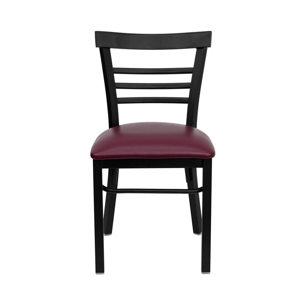 Black Three-Slat Ladder Back Metal Restaurant Chair - Burgundy Vinyl Seat
