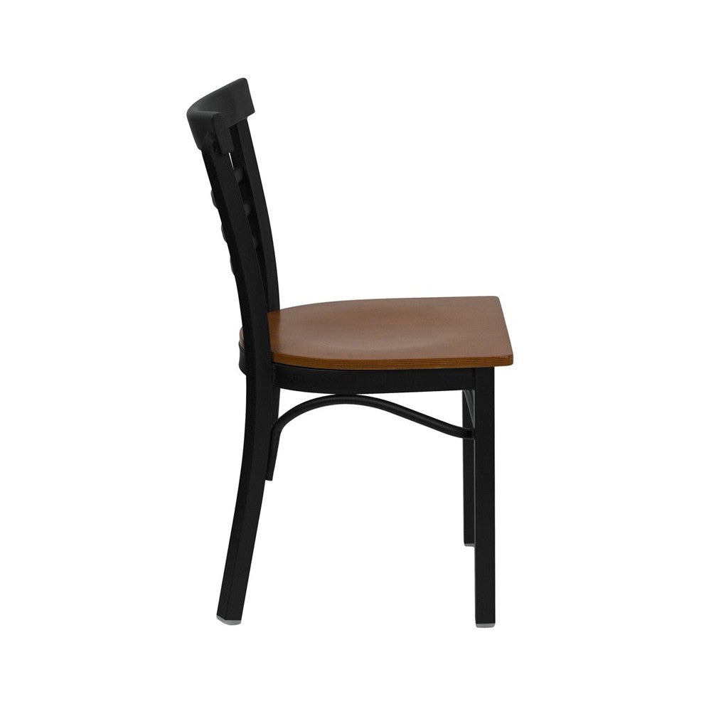 Black Three-Slat Ladder Back Metal Restaurant Chair - Cherry Wood Seat