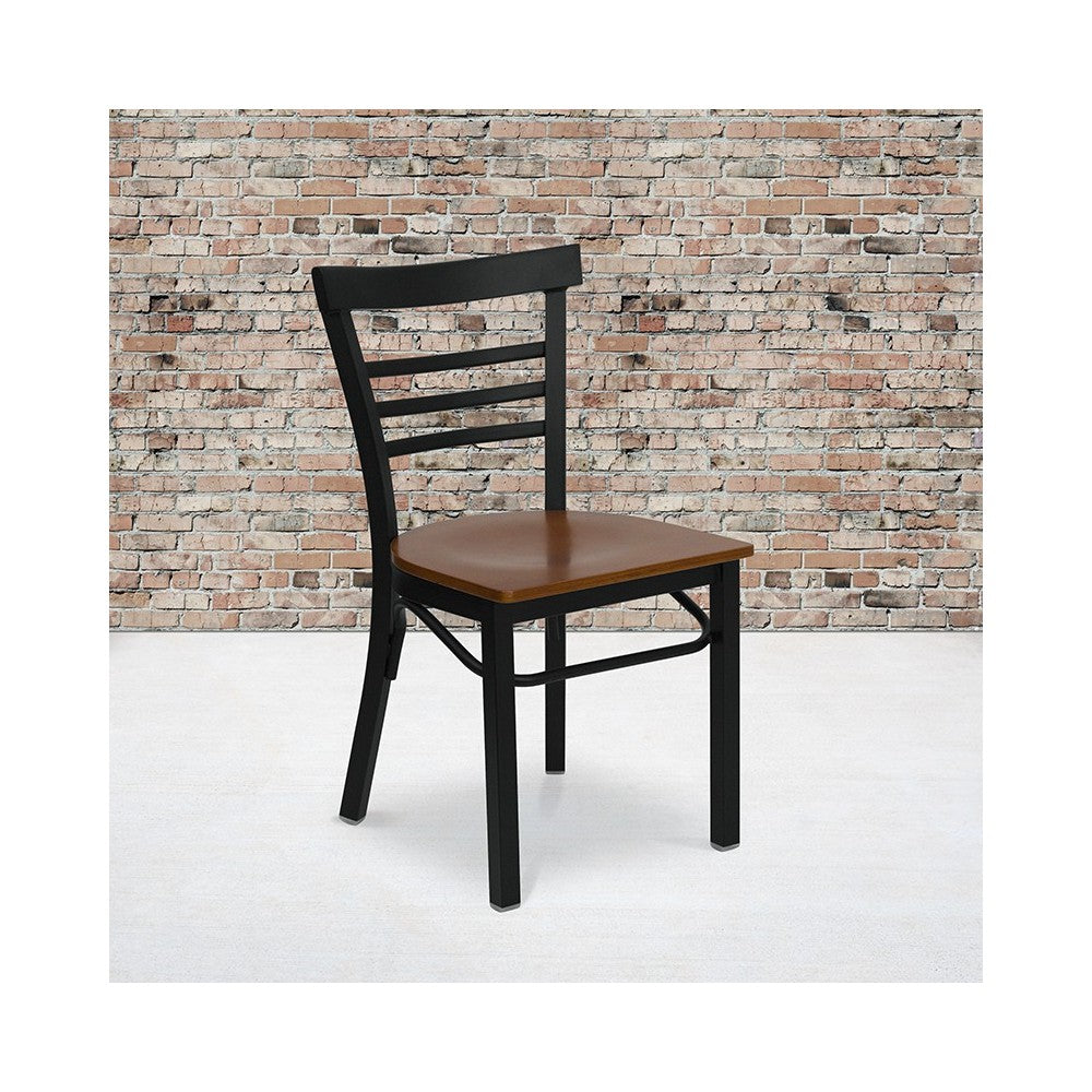 Black Three-Slat Ladder Back Metal Restaurant Chair - Cherry Wood Seat