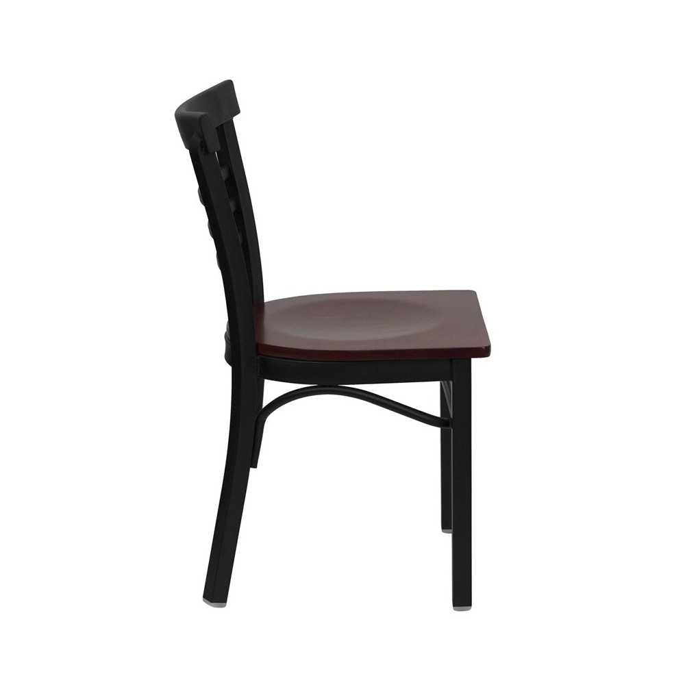 Black Three-Slat Ladder Back Metal Restaurant Chair - Mahogany Wood Seat