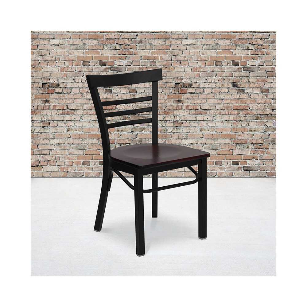Black Three-Slat Ladder Back Metal Restaurant Chair - Mahogany Wood Seat