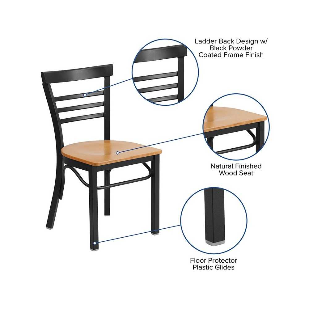 Black Three-Slat Ladder Back Metal Restaurant Chair - Natural Wood Seat