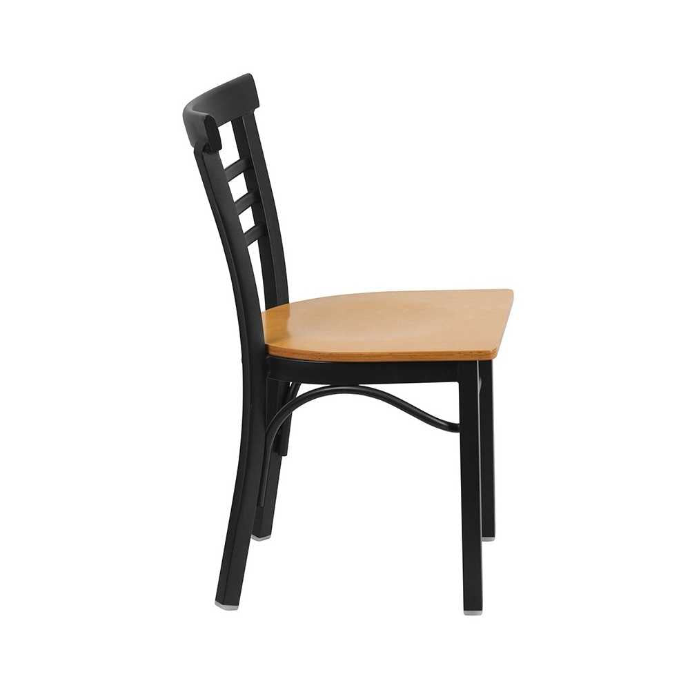Black Three-Slat Ladder Back Metal Restaurant Chair - Natural Wood Seat