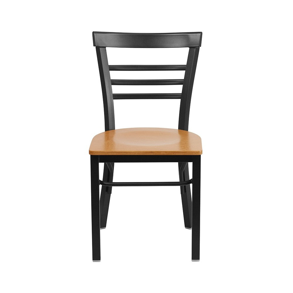 Black Three-Slat Ladder Back Metal Restaurant Chair - Natural Wood Seat