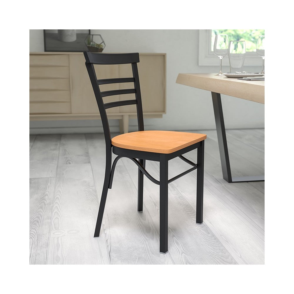 Black Three-Slat Ladder Back Metal Restaurant Chair - Natural Wood Seat