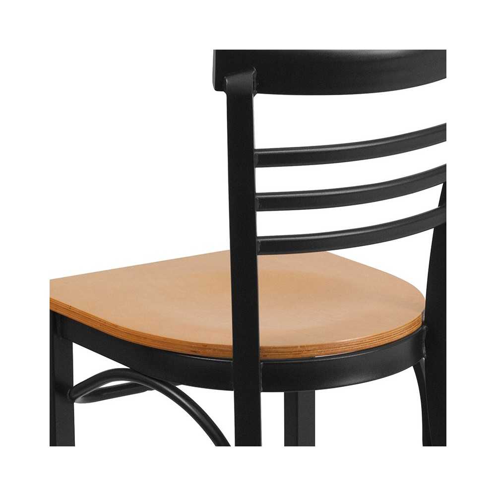Black Three-Slat Ladder Back Metal Restaurant Chair - Natural Wood Seat