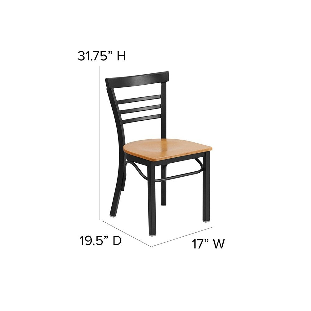 Black Three-Slat Ladder Back Metal Restaurant Chair - Natural Wood Seat