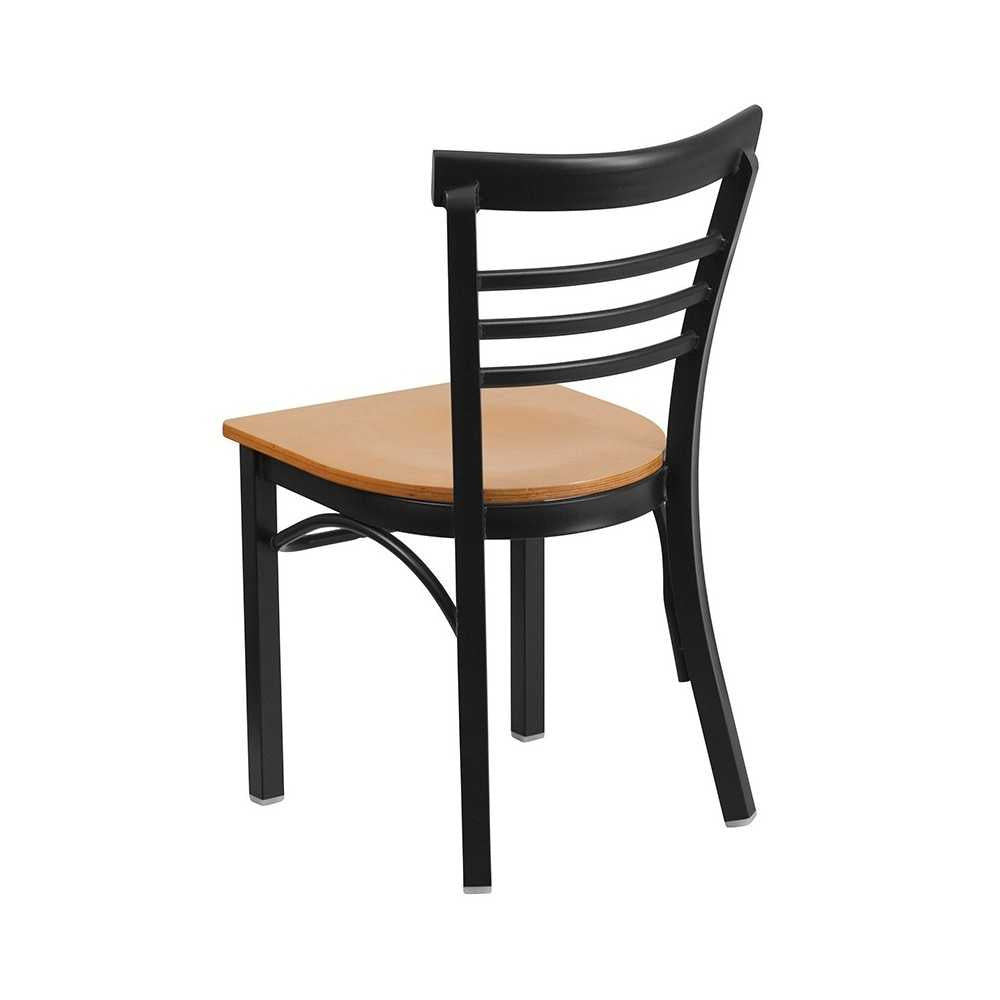 Black Three-Slat Ladder Back Metal Restaurant Chair - Natural Wood Seat