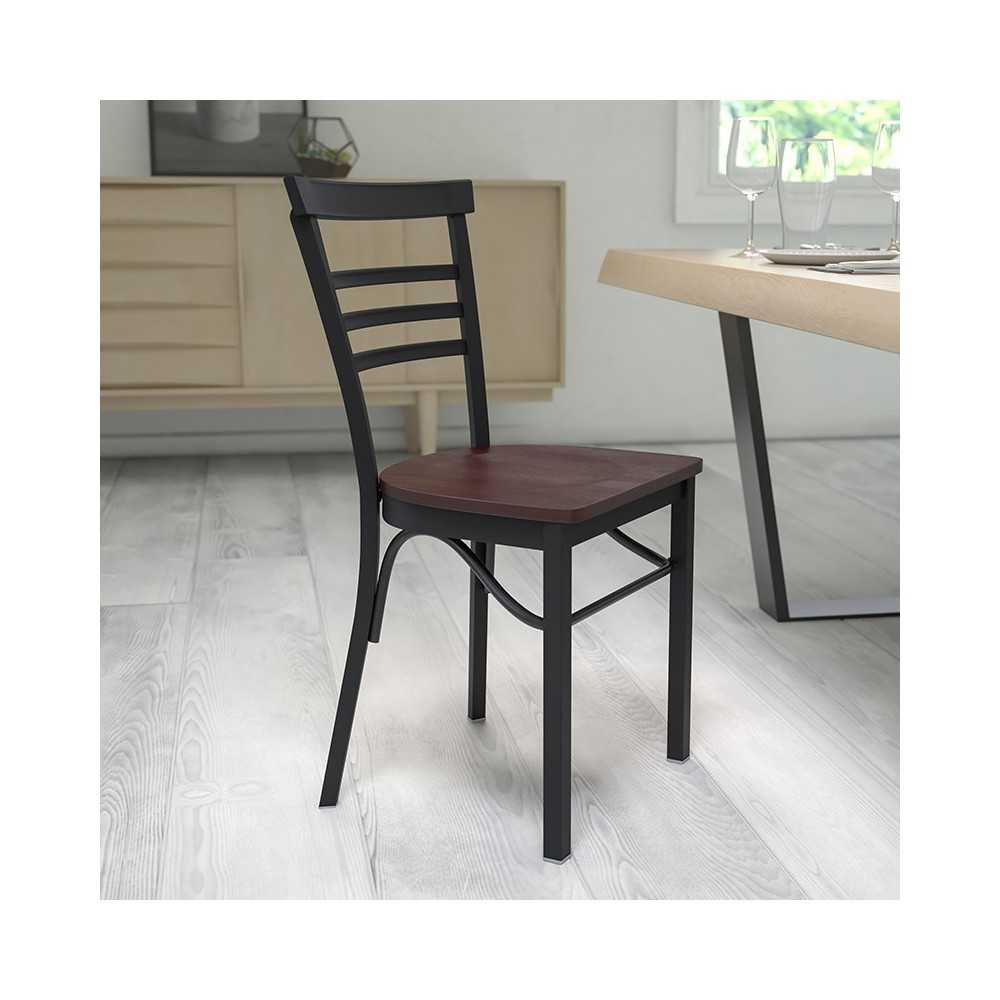 Black Three-Slat Ladder Back Metal Restaurant Chair - Walnut Wood Seat