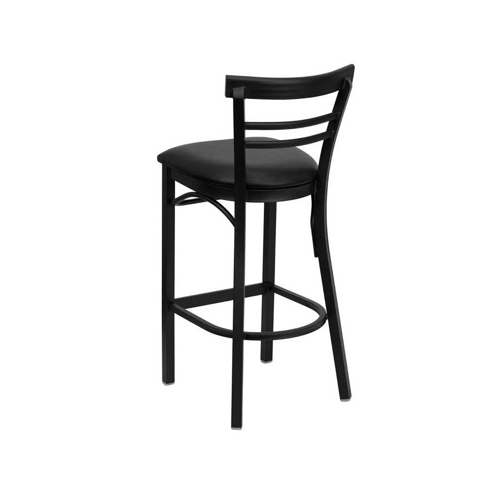 Black Two-Slat Ladder Back Metal Restaurant Barstool - Black Vinyl Seat
