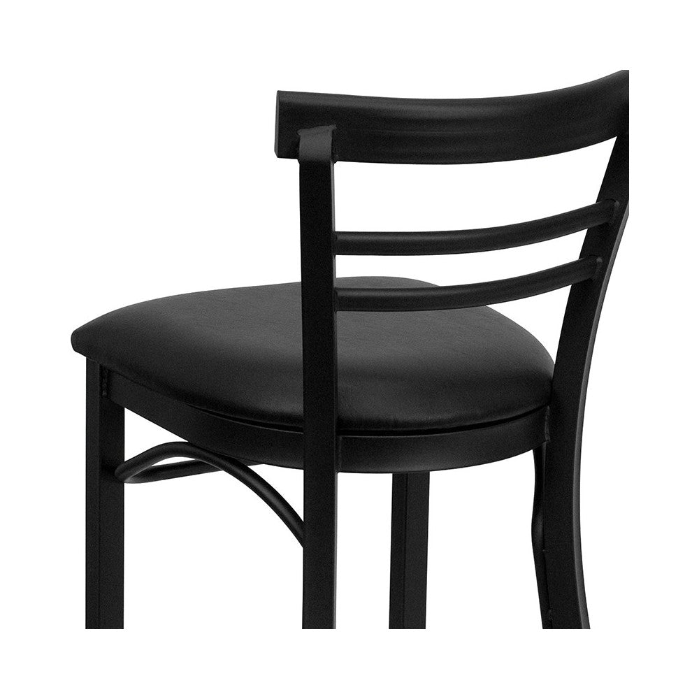 Black Two-Slat Ladder Back Metal Restaurant Barstool - Black Vinyl Seat