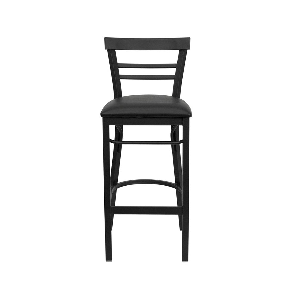 Black Two-Slat Ladder Back Metal Restaurant Barstool - Black Vinyl Seat