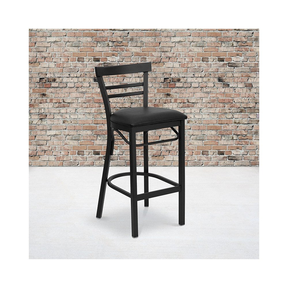 Black Two-Slat Ladder Back Metal Restaurant Barstool - Black Vinyl Seat
