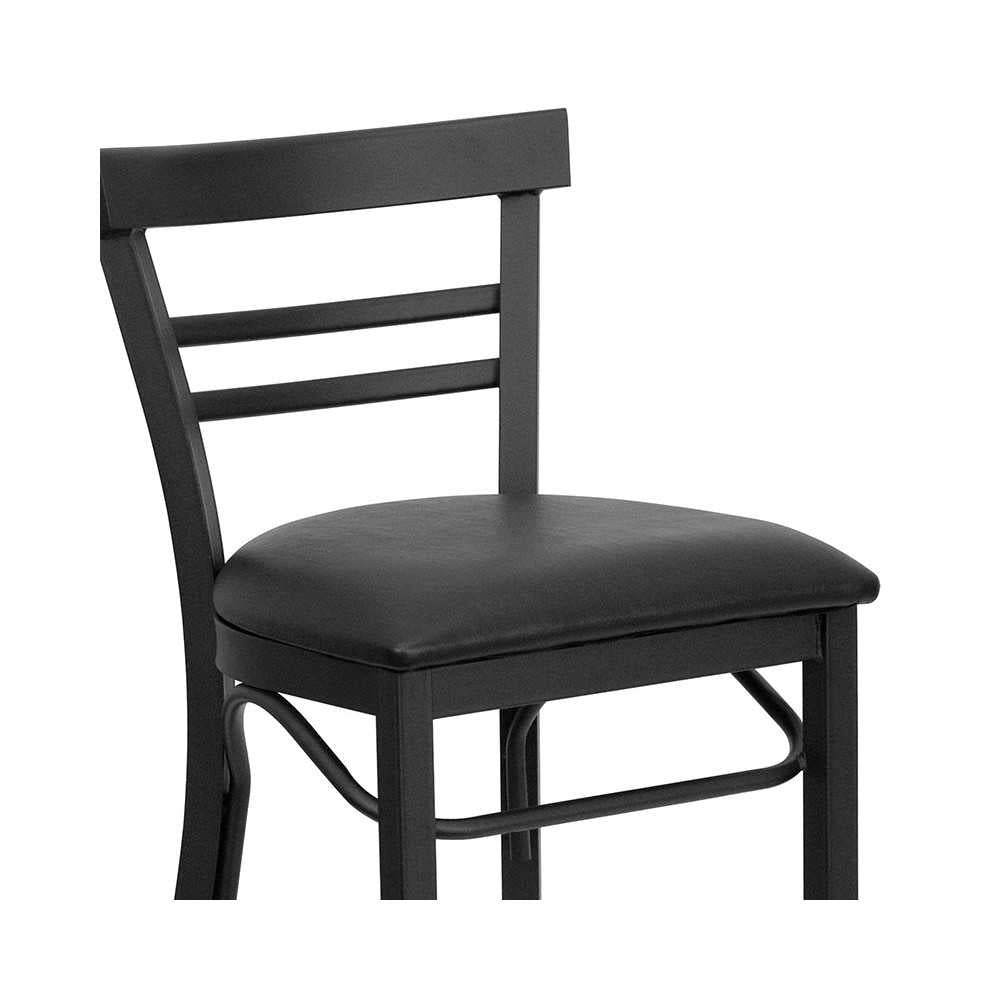 Black Two-Slat Ladder Back Metal Restaurant Barstool - Black Vinyl Seat