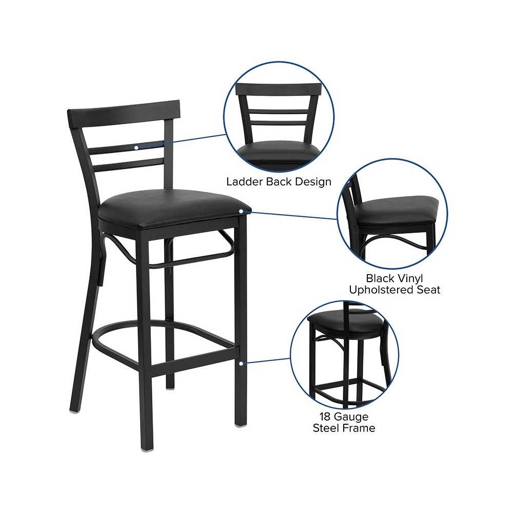 Black Two-Slat Ladder Back Metal Restaurant Barstool - Black Vinyl Seat