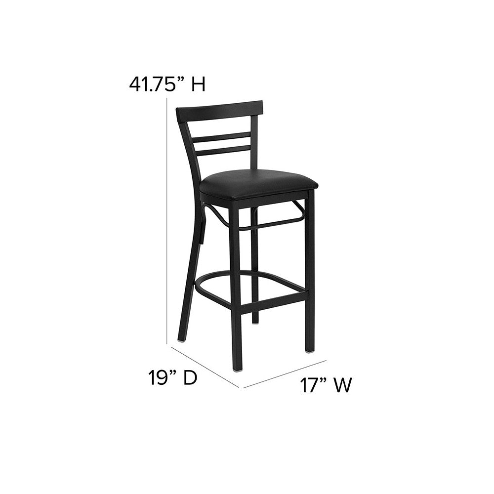 Black Two-Slat Ladder Back Metal Restaurant Barstool - Black Vinyl Seat