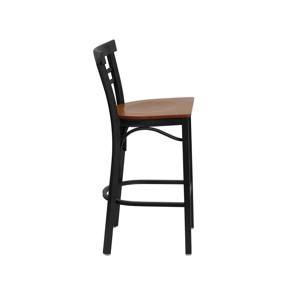 Black Two-Slat Ladder Back Metal Restaurant Barstool - Cherry Wood Seat