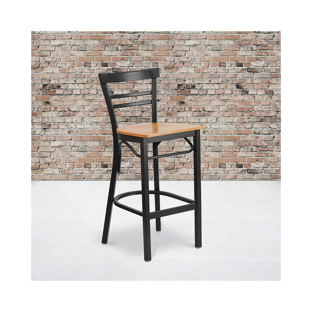Black Two-Slat Ladder Back Metal Restaurant Barstool - Natural Wood Seat