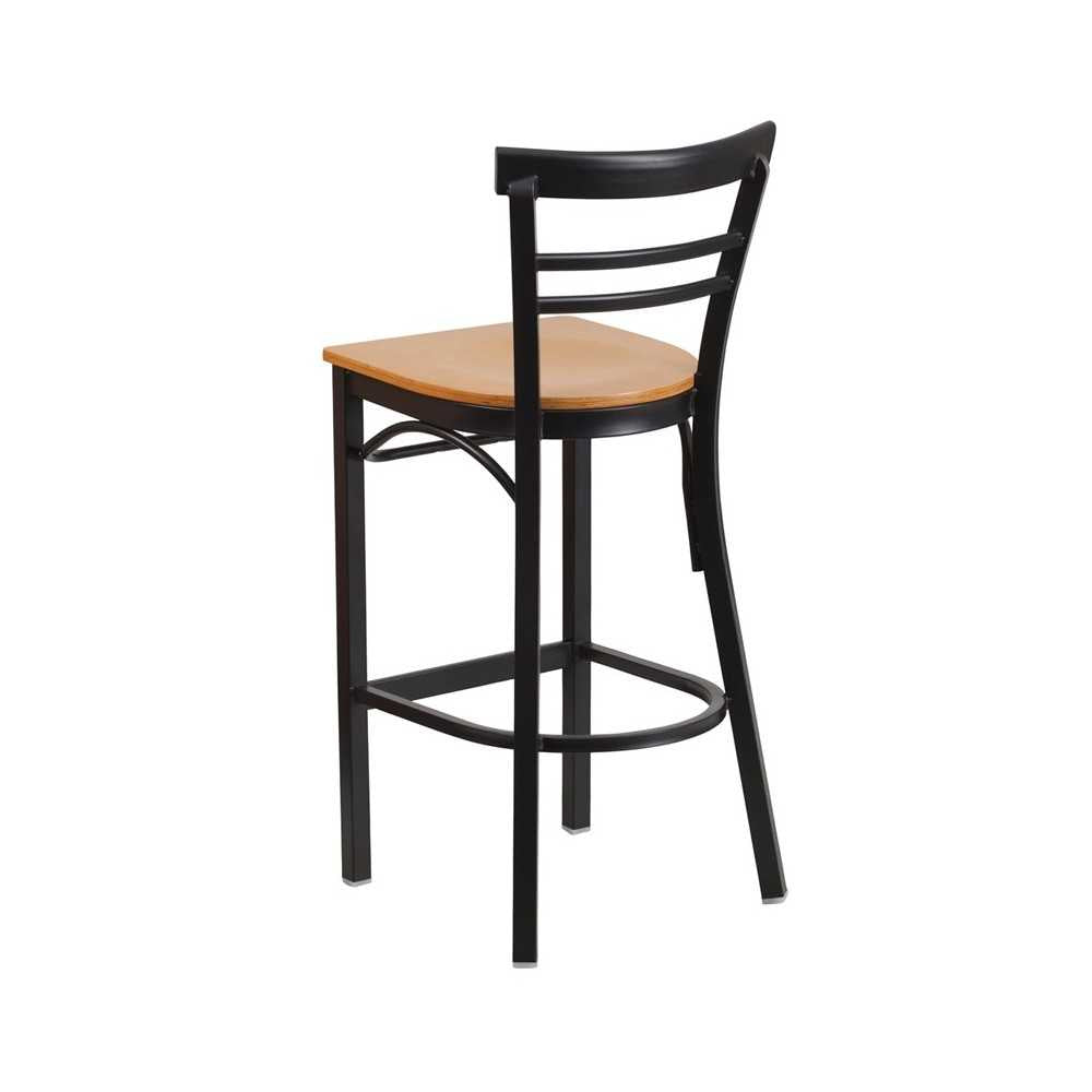 Black Two-Slat Ladder Back Metal Restaurant Barstool - Natural Wood Seat