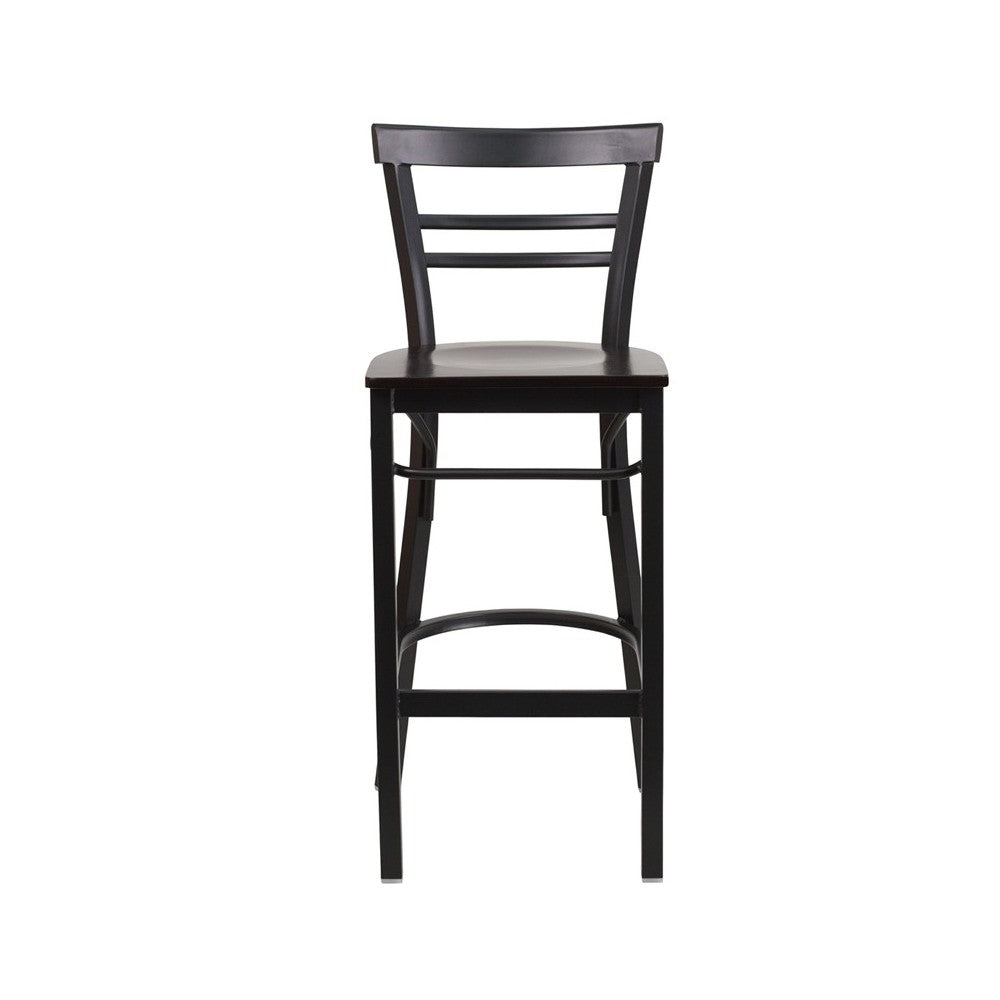 Black Two-Slat Ladder Back Metal Restaurant Barstool - Walnut Wood Seat