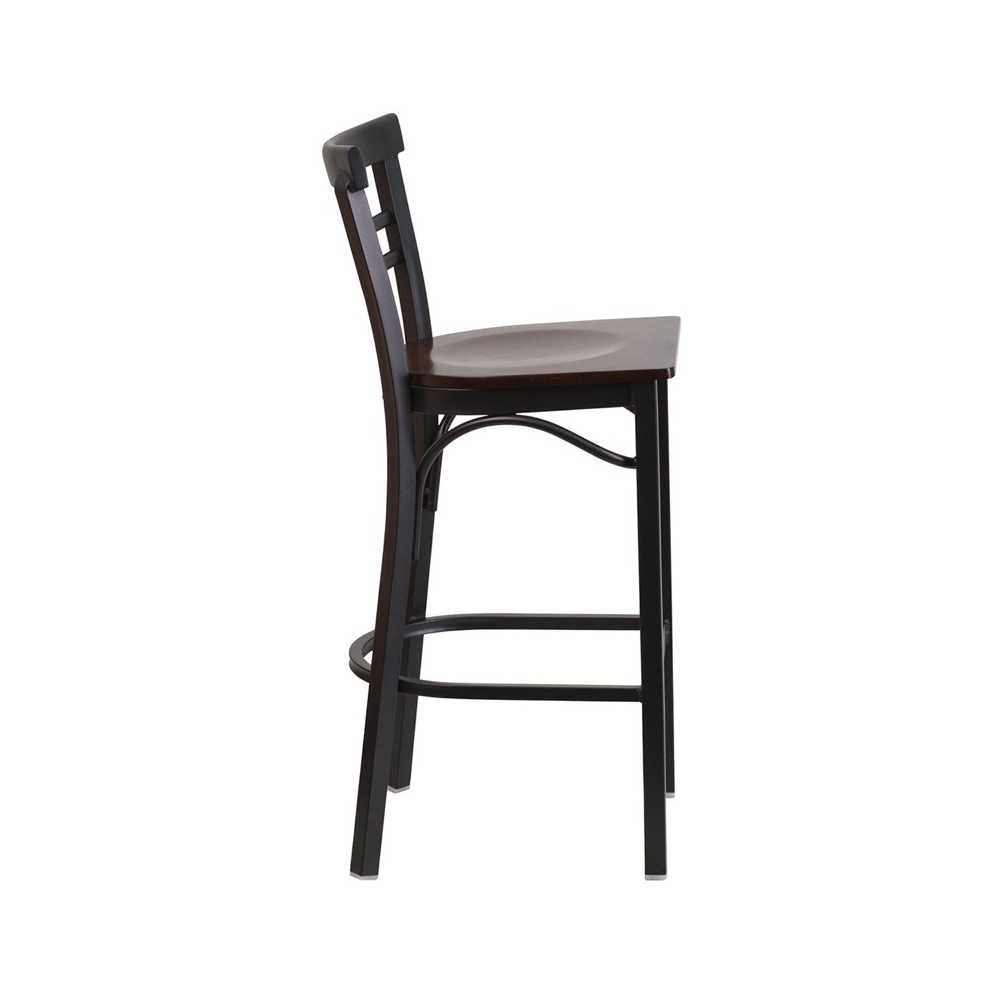 Black Two-Slat Ladder Back Metal Restaurant Barstool - Walnut Wood Seat