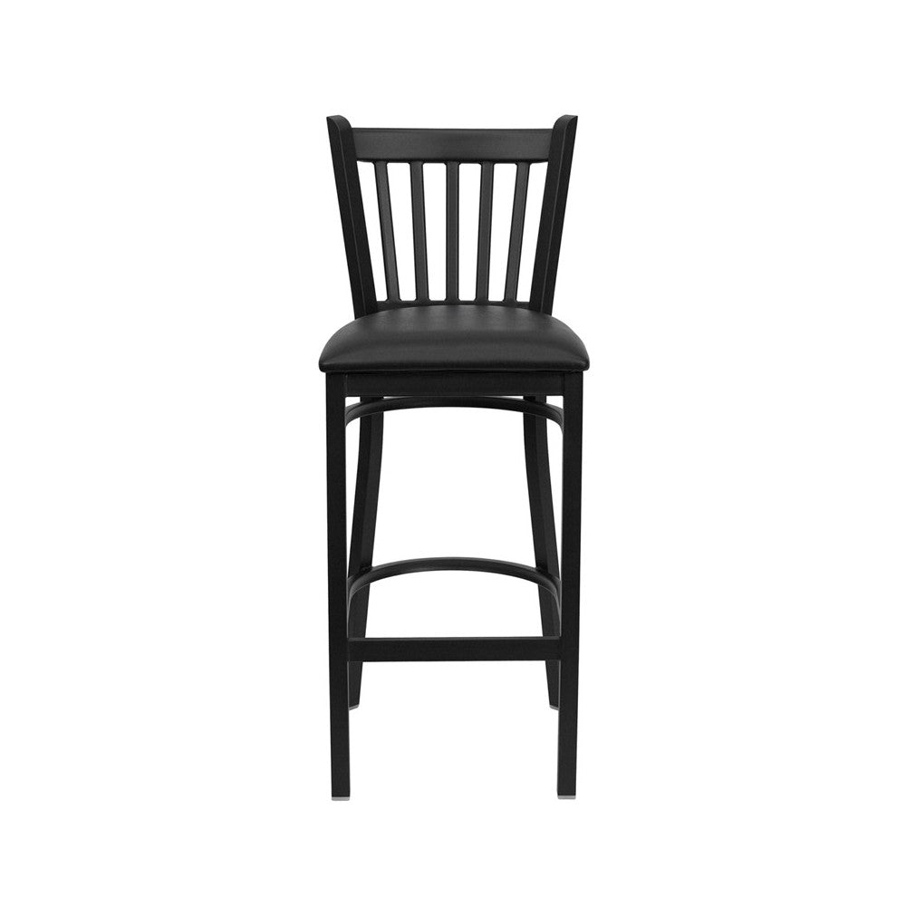 Black Vertical Back Metal Restaurant Barstool - Black Vinyl Seat