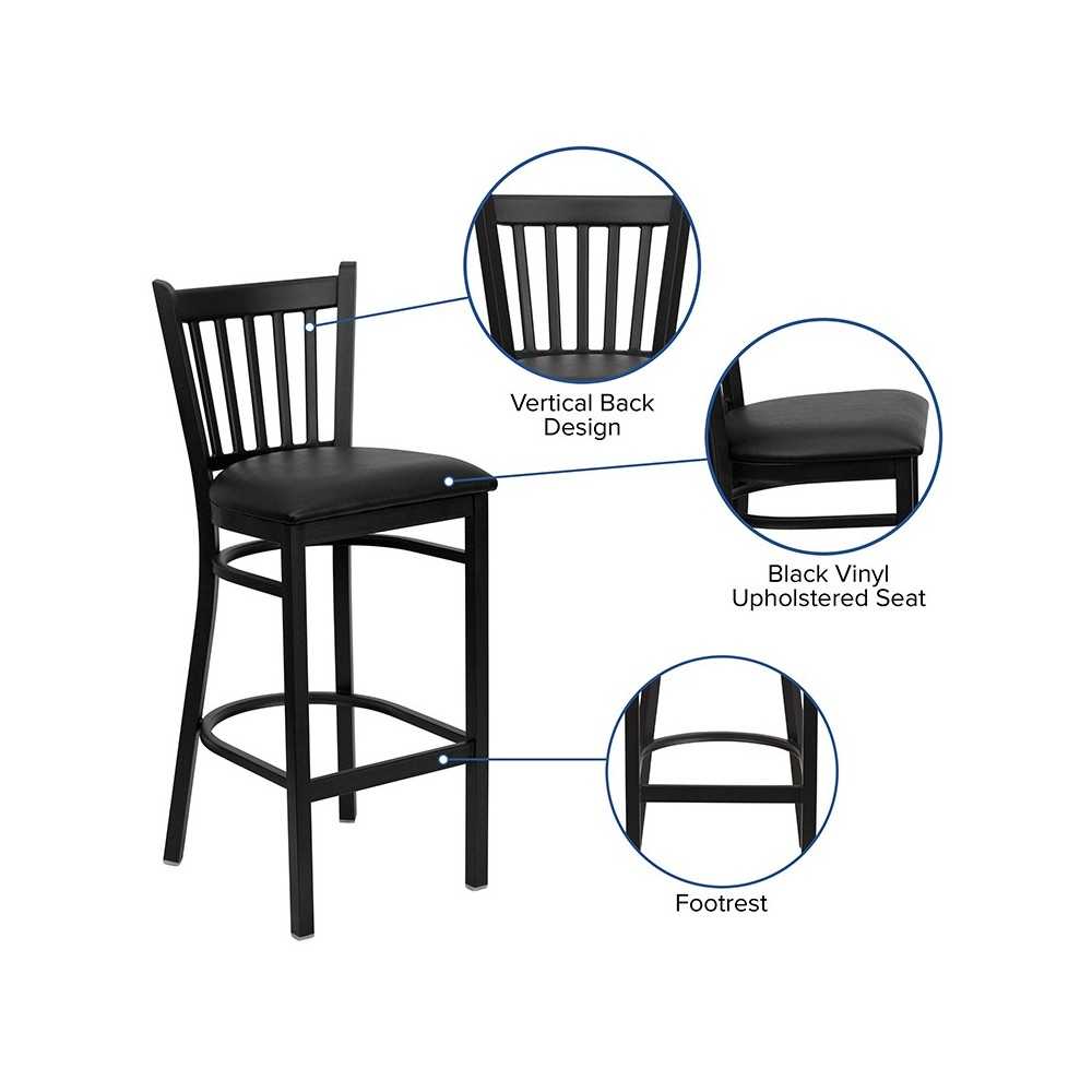Black Vertical Back Metal Restaurant Barstool - Black Vinyl Seat