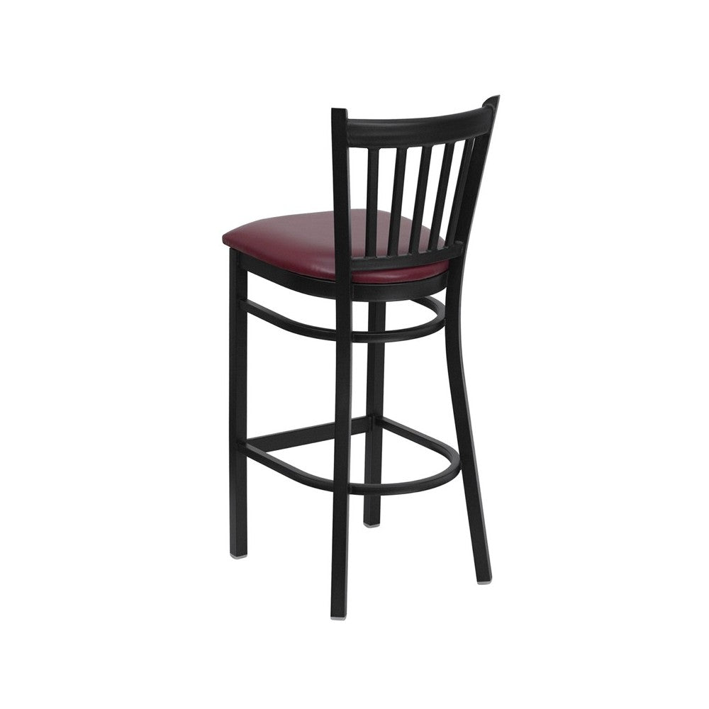 Black Vertical Back Metal Restaurant Barstool - Burgundy Vinyl Seat