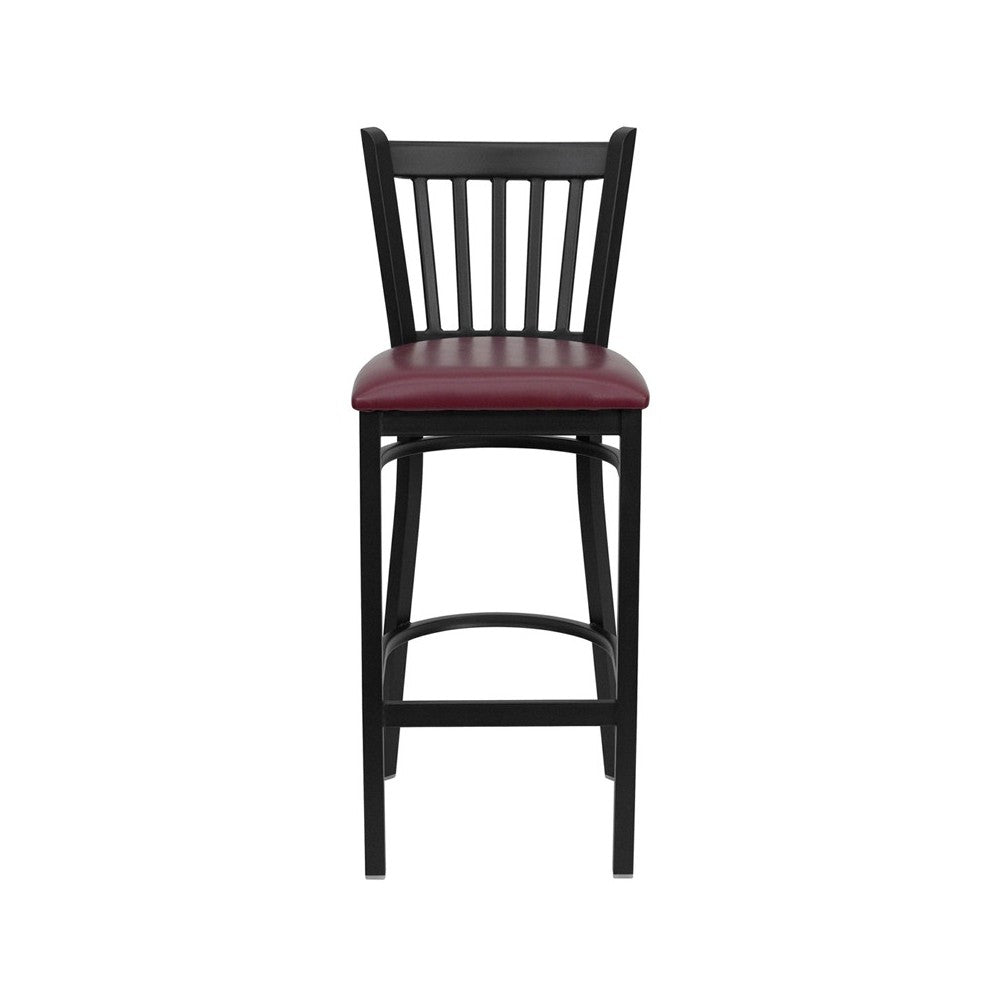 Black Vertical Back Metal Restaurant Barstool - Burgundy Vinyl Seat