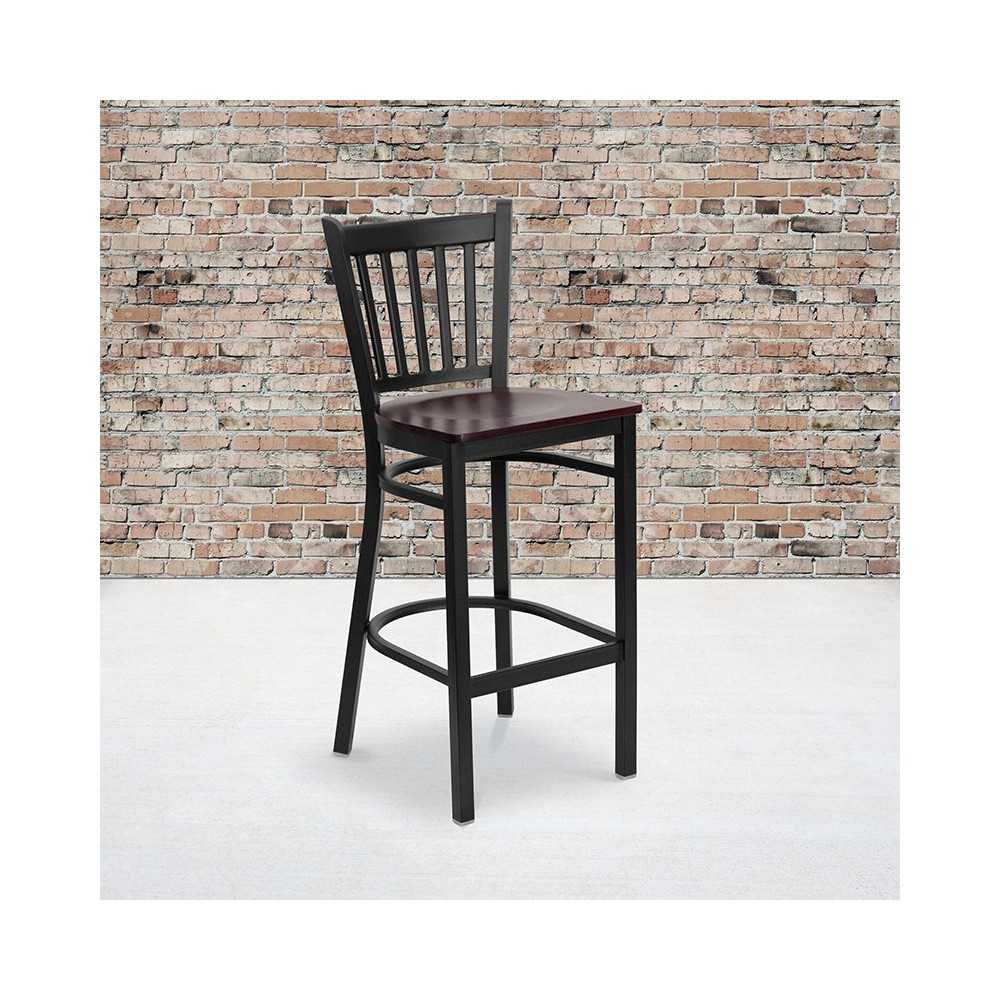 Black Vertical Back Metal Restaurant Barstool - Mahogany Wood Seat