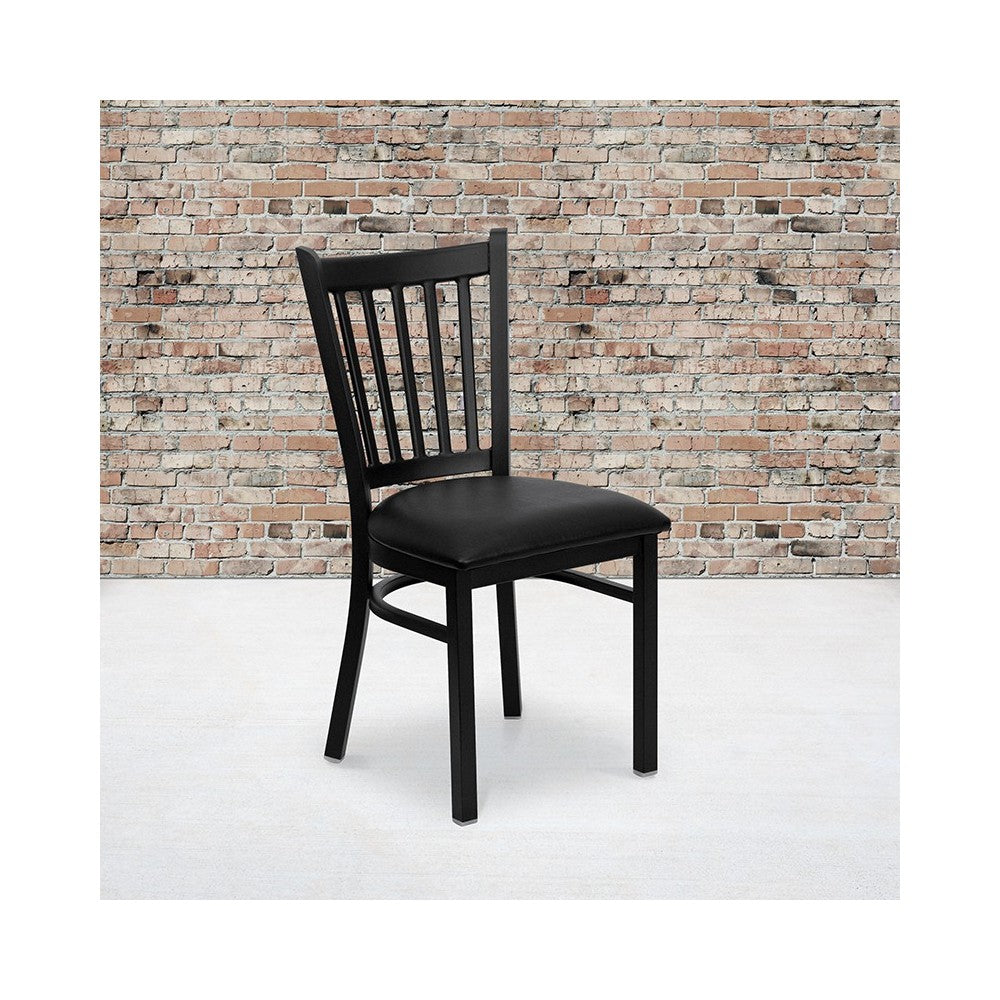 Black Vertical Back Metal Restaurant Chair - Black Vinyl Seat