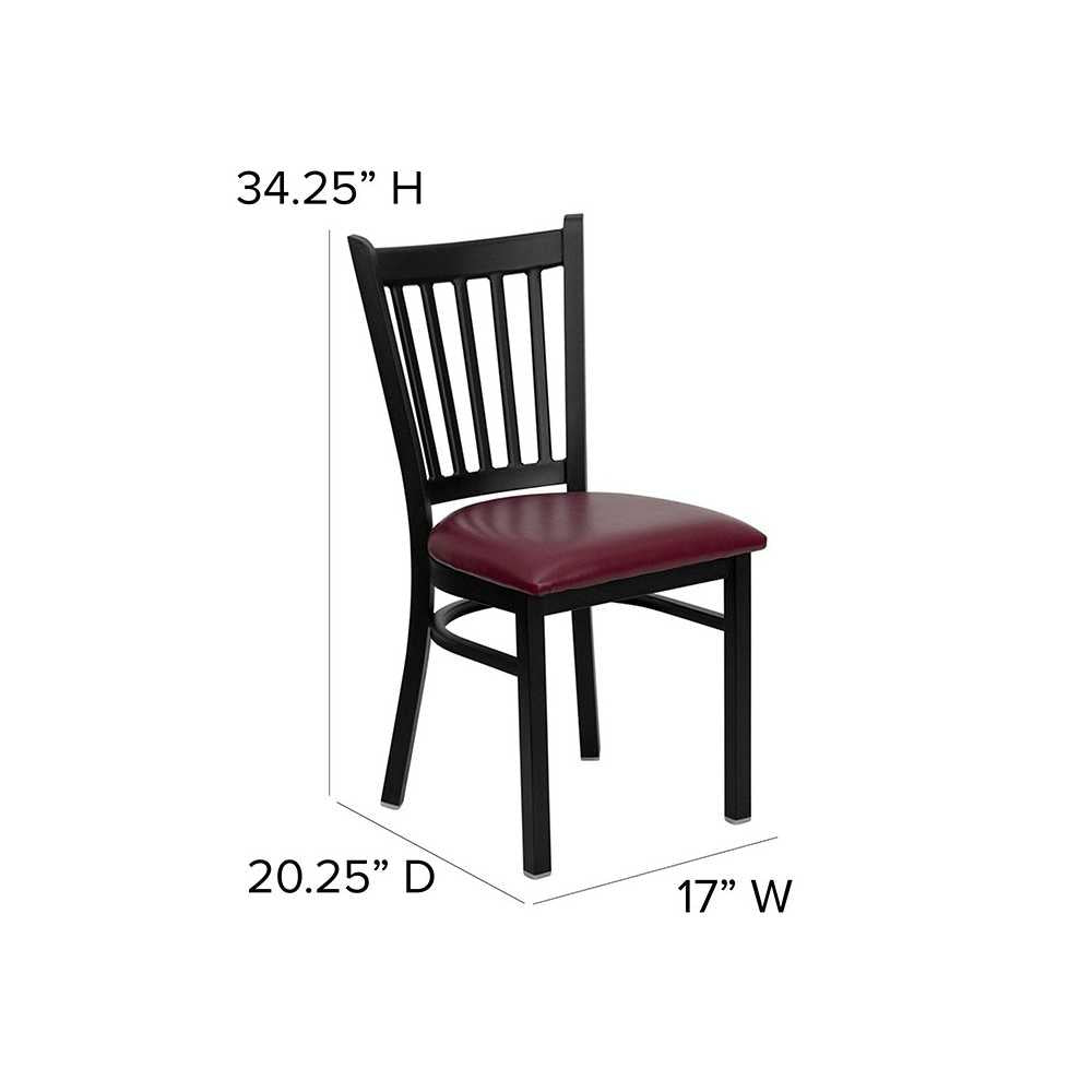 Black Vertical Back Metal Restaurant Chair - Burgundy Vinyl Seat