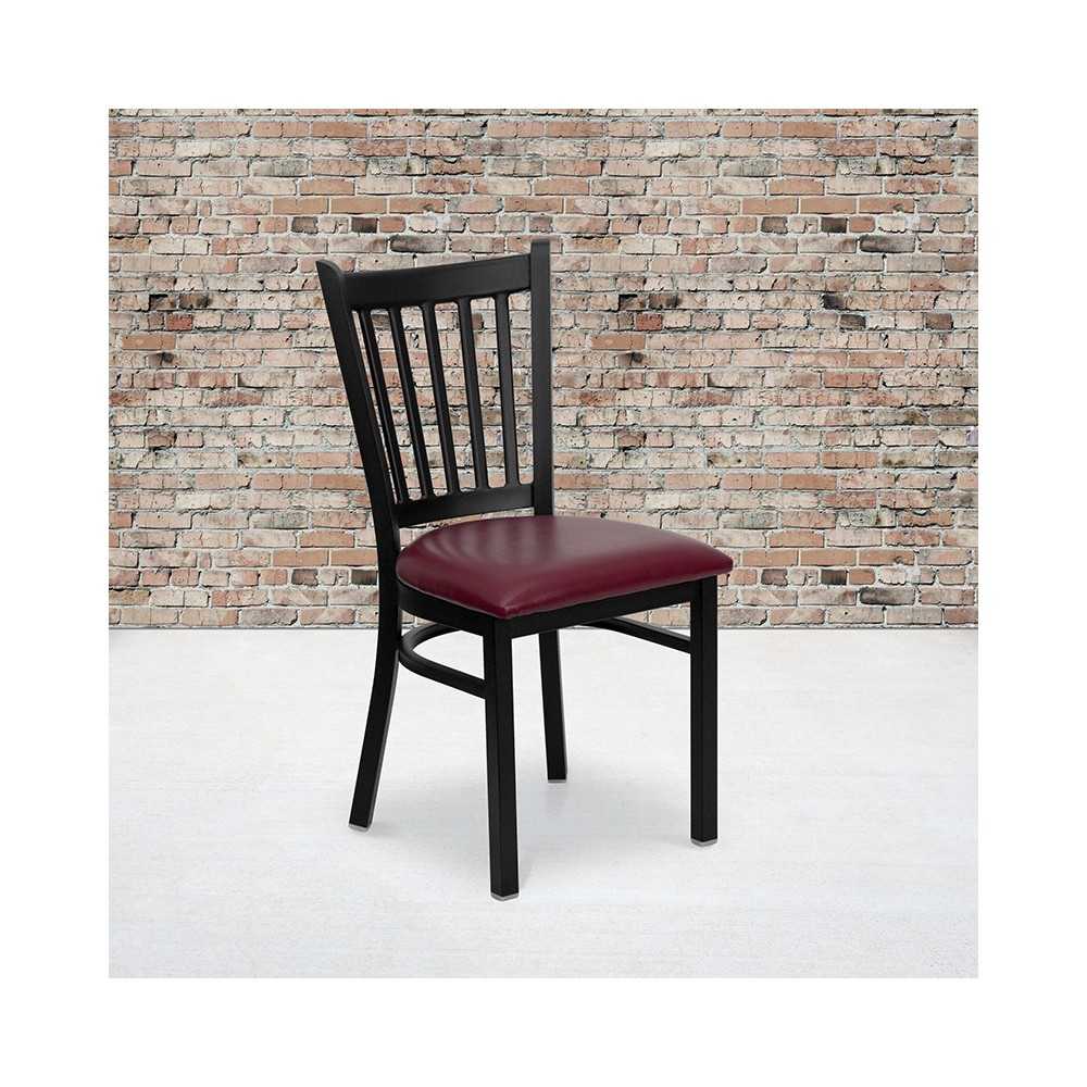 Black Vertical Back Metal Restaurant Chair - Burgundy Vinyl Seat