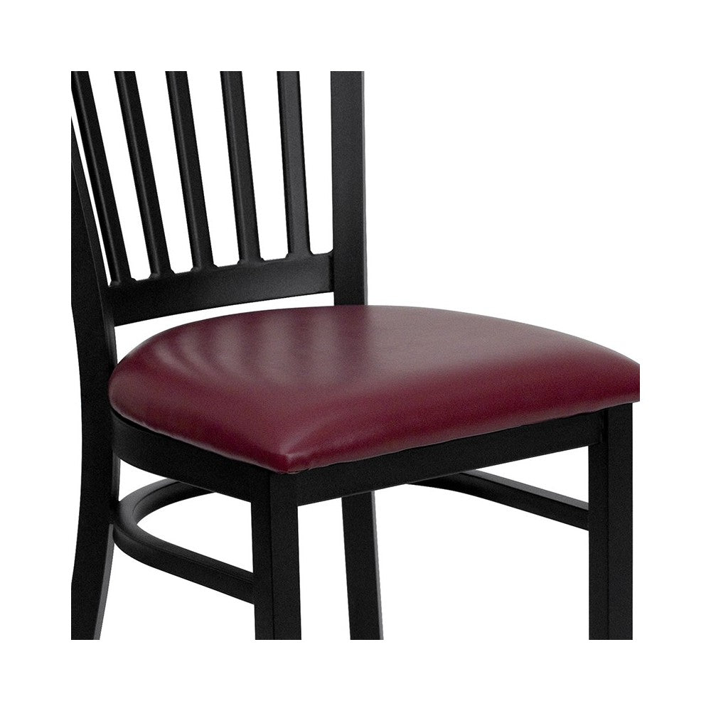 Black Vertical Back Metal Restaurant Chair - Burgundy Vinyl Seat