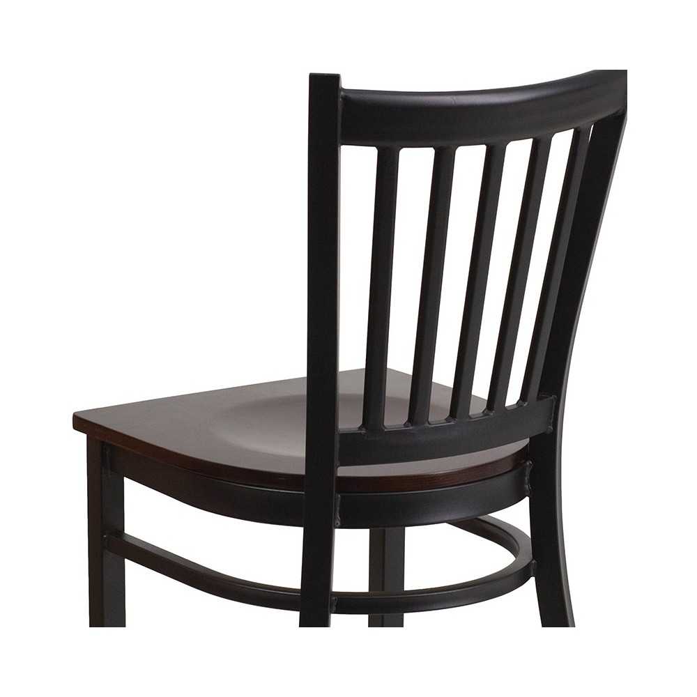 Black Vertical Back Metal Restaurant Chair - Walnut Wood Seat